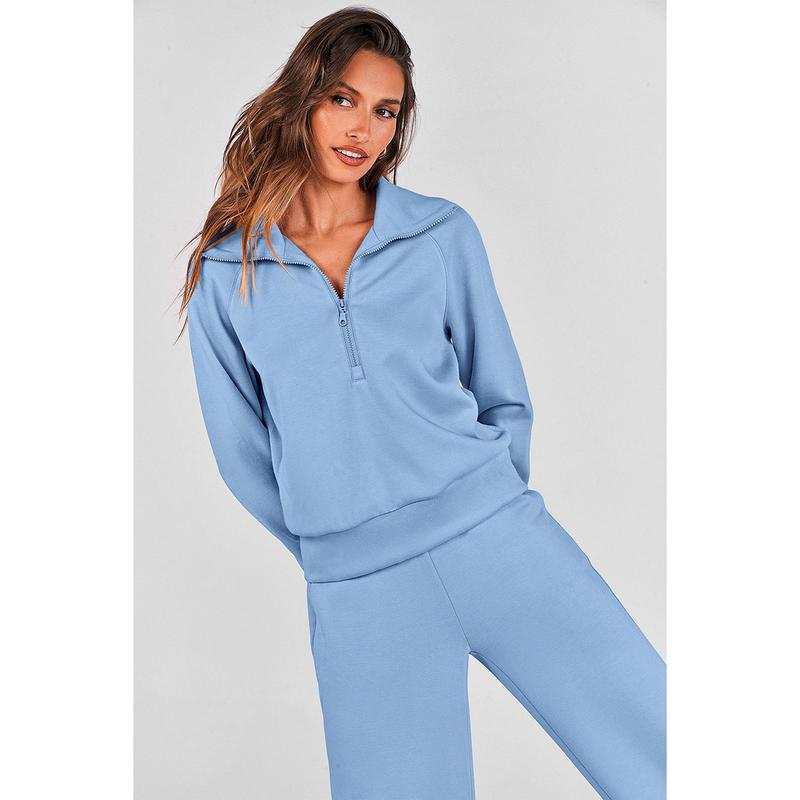 Ensemble de survêtement décontracté 2 pièces pour femme - Sweat-shirt à demi-zip et pantalon large avec cordon de serrage - Haut et pantalon de survêtement assortis pour le confort