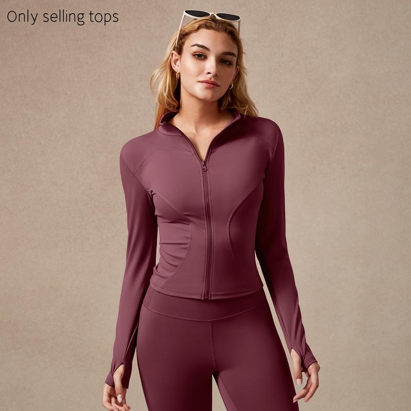 Giacca sportiva da donna con zip intera, maniche lunghe, vestibilità aderente, tessuto elasticizzato ad asciugatura rapida con fori per i pollici per corsa, yoga, palestra, allenamento, abbigliamento sportivo