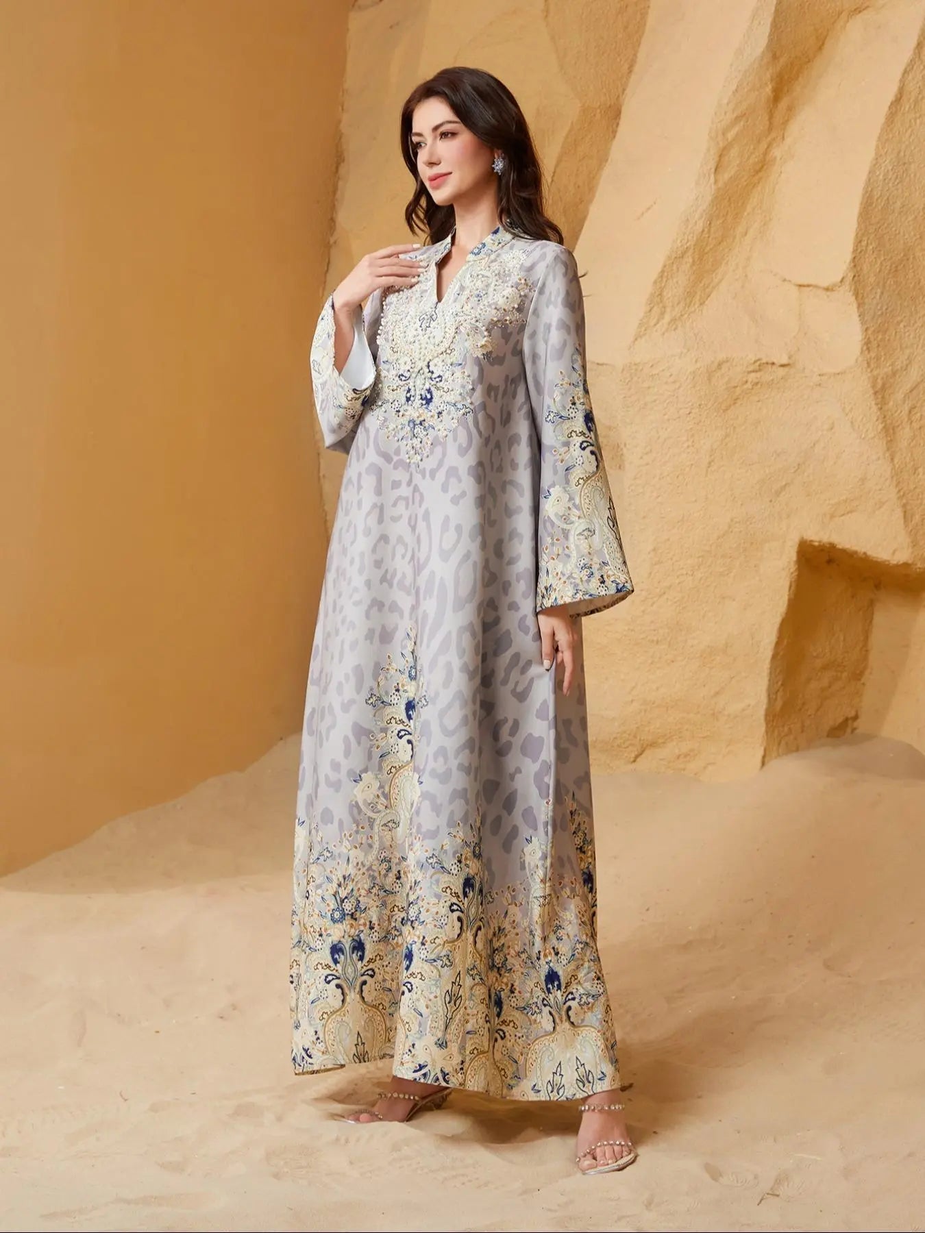 Abito lungo tradizionale da donna con motivo etnico e decorazioni in perle finte, abito lungo boho a maniche lunghe con scollo rotondo per vacanze, cerimonie, matrimoni, abbigliamento musulmano da donna per tutte le stagioni