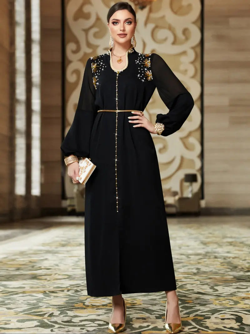 Abito lungo da donna fatto a mano con perline, comodo, elegante per la sera, stiloso da casa