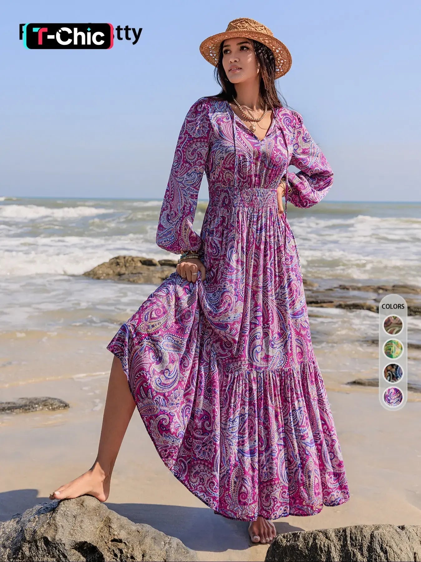 Robe longue tissée à manches longues pour femme style bohème, imprimé cachemire, taille ajustée, confortable, décontractée et élégante pour toutes les saisons, parfaite pour la plage