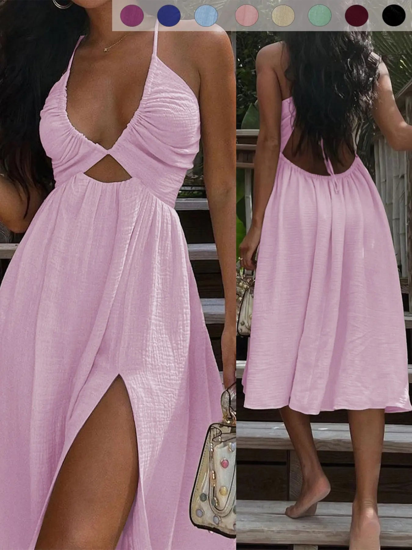 Nouvelle robe d'été sexy cache-cœur à col en V, jupe fendue style plage décontracté, longue robe tendance pour femme, parfaite pour les vacances
