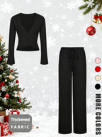 Completo a Maniche Lunghe con Top a V e Pantaloni, Sexy, per le Feste di Natale, Vestibilità Aderente, Tinta Unita, Stile Primavera & Autunno
