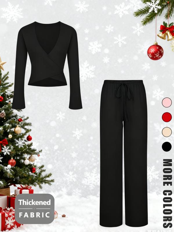 Completo a Maniche Lunghe con Top a V e Pantaloni, Sexy, per le Feste di Natale, Vestibilità Aderente, Tinta Unita, Stile Primavera & Autunno