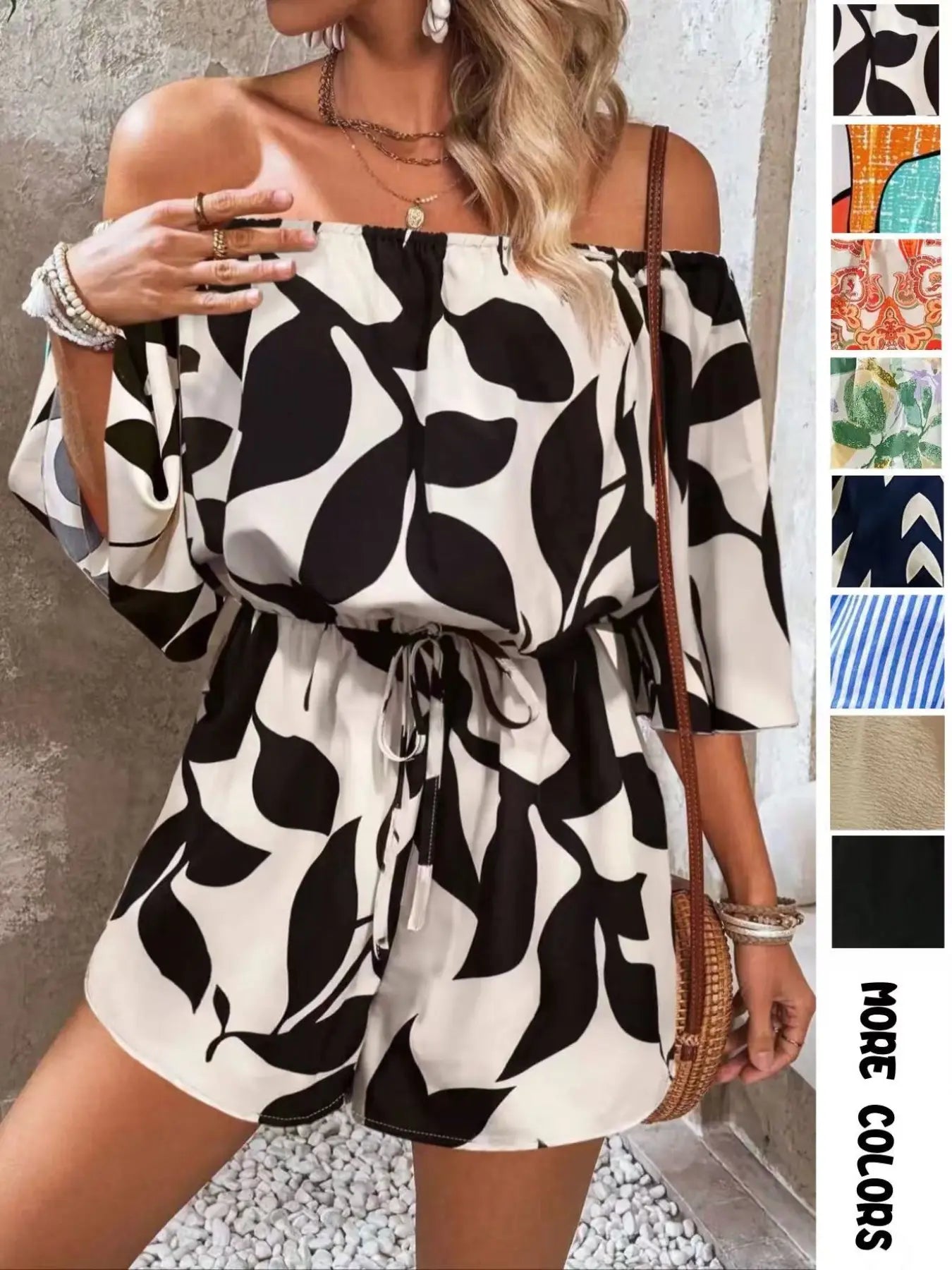 Combishort Femme à Imprimé Feuillage Épaules Dénudées et Nœud sur le Devant, Combinaison Décontractée à Manches Volantes pour l'Été, Vêtements de Mode pour Femme pour Vacances à la Plage