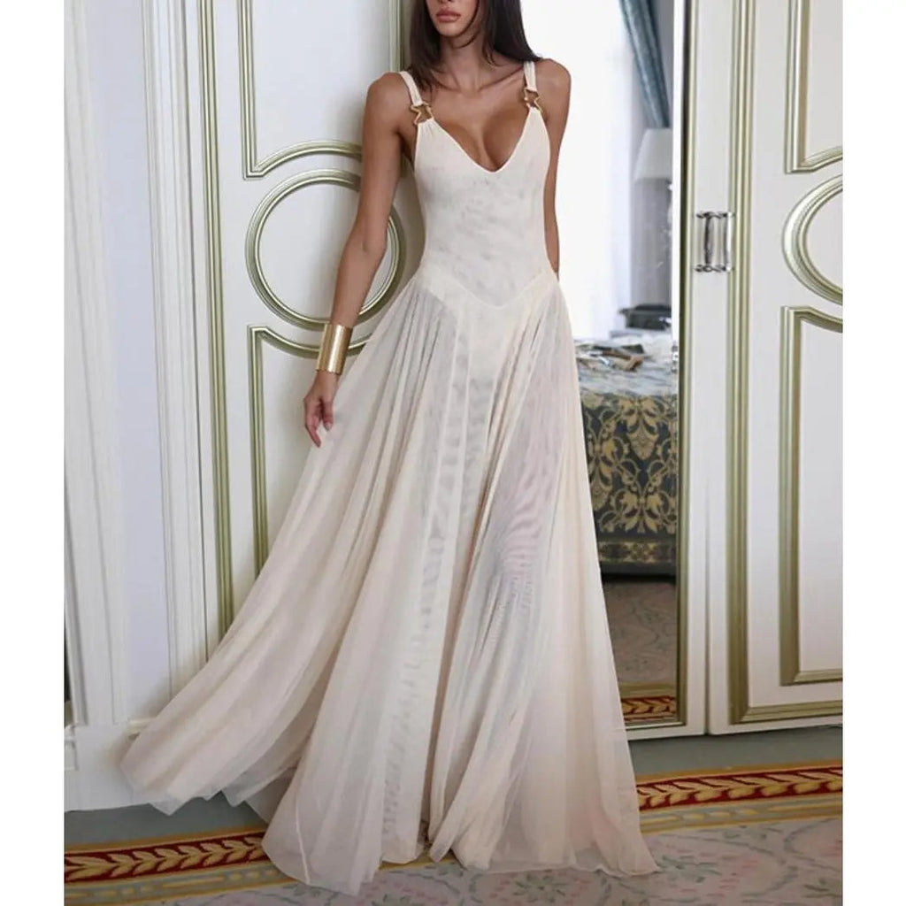 Robe camisole unie en tulle à col en V profond pour femme