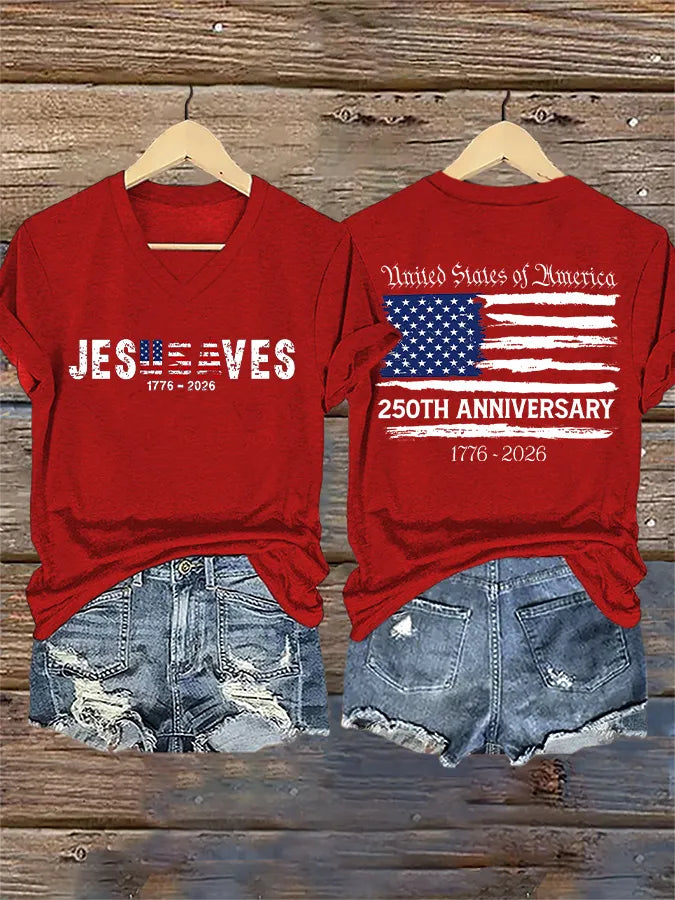 T-shirt con stampa scollo a V retrò "Gesù salva l'America" 250° anniversario 1776-2026