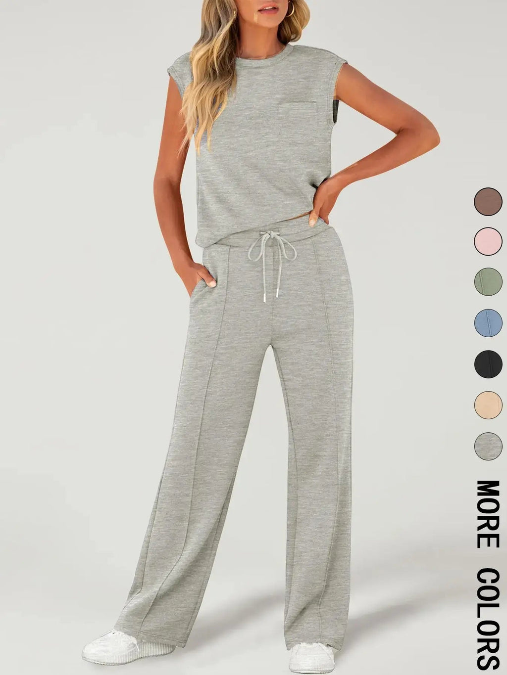 Completo da Donna due pezzi con Canotta Tinta Unita e Pantaloni con Coulisse in vita, Top Casual Senza Maniche con Scollo Rotondo e Pantaloni per l'Uso Quotidiano, Completi da Donna due pezzi per Tutte le Stagioni
