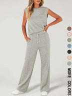 Completo da Donna due pezzi con Canotta Tinta Unita e Pantaloni con Coulisse in vita, Top Casual Senza Maniche con Scollo Rotondo e Pantaloni per l'Uso Quotidiano, Completi da Donna due pezzi per Tutte le Stagioni