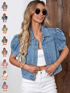 Veste en Jean Courte Lavage Clair, Manches Bouffantes, pour Femme, Manteau Court en Jean Taille Haute Léger et Fin, Coupe Tendance et Décontractée pour l'Été