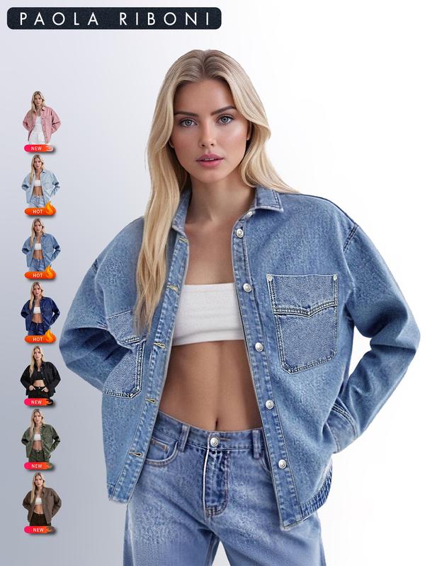 Veste en jean unie pour femme avec boutonnage sur le devant, épaules tombantes et ourlet incurvé, vêtement décontracté à manches longues avec poches et col, idéal pour le quotidien, vêtement pour femme toutes saisons