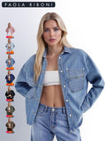 Veste en jean unie pour femme avec boutonnage sur le devant, épaules tombantes et ourlet incurvé, vêtement décontracté à manches longues avec poches et col, idéal pour le quotidien, vêtement pour femme toutes saisons