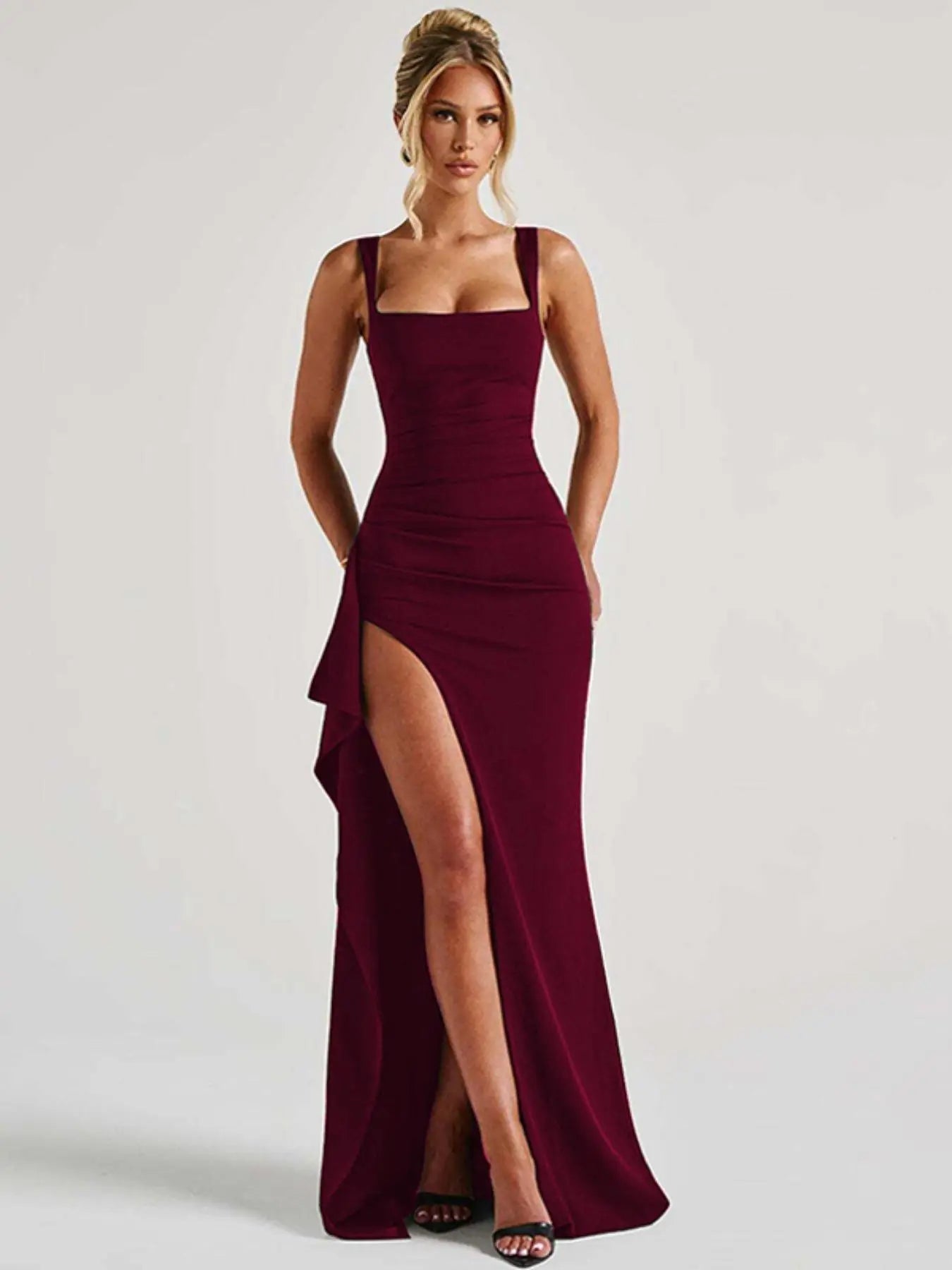 Abito da donna a tinta unita con spacco sulla coscia e senza schienale, elegante vestito sexy senza maniche per feste, club e appuntamenti, vestiti da donna per tutte le stagioni, abito sottoveste lungo fino al pavimento