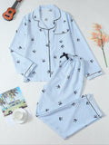 Pigiama da donna a maniche lunghe a righe con stampa a fiocco, grazioso set con parte superiore abbottonata e pantaloni, abbigliamento casual per la casa per tutte le stagioni
