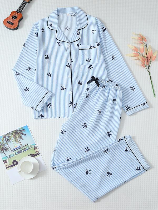 Ensemble de pyjama pour femme à rayures et imprimé nœud, haut et pantalon boutonnés, décontracté pour toutes les saisons