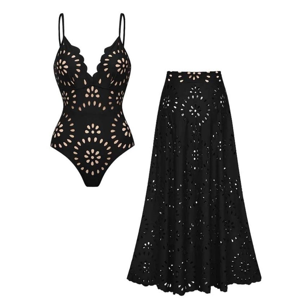 Costume Intero e Gonna Neri con Intagli Floreali a Laser