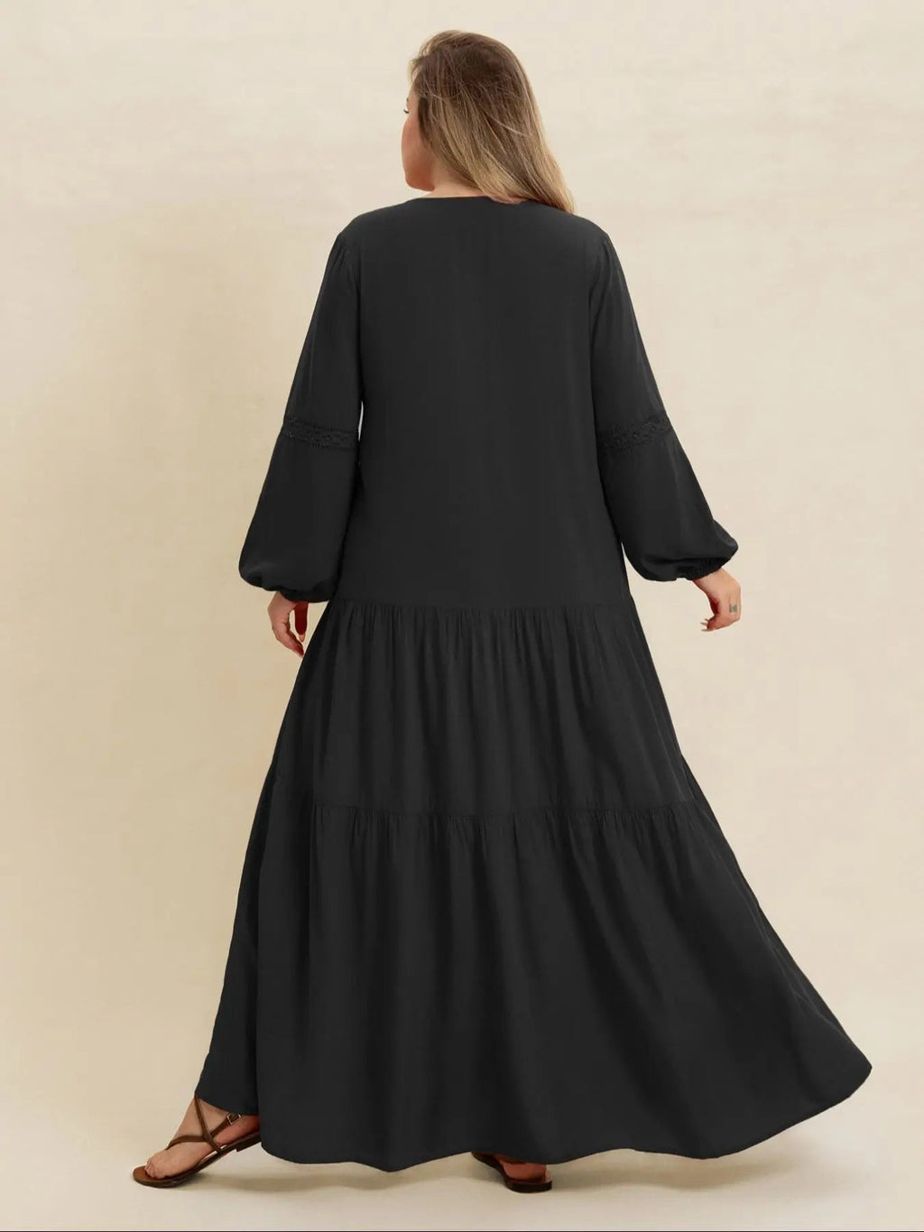 [Grande Taille] Robe longue unie à manches longues et col en V, Robe bohème modeste pour les vacances, les tenues quotidiennes, Vêtements grande taille pour femmes pour toutes les saisons