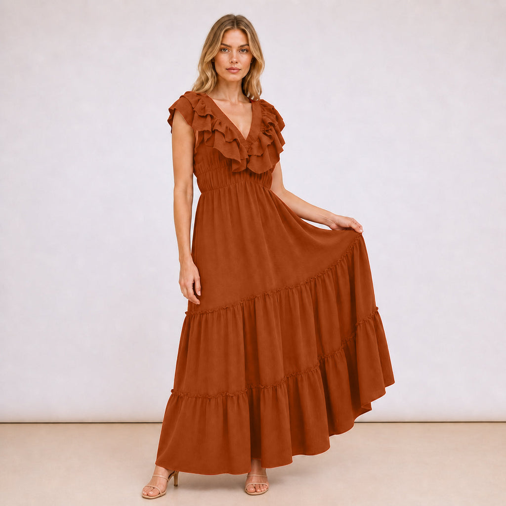 [2026.NOHO] Carmen, Vestito Lungo Con Balze E Volant Sullo Scollo A V