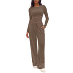 Completo da Casa da Donna Tinta Unita con Arricciature e Coulisse, Top Casual a Maniche Lunghe con Scollo Rotondo e Pantaloni a Gamba Larga con Tasche, Pigiama da Donna per Tutte le Stagioni
