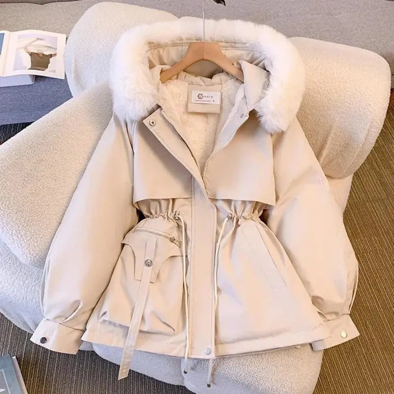 Parka mi-longue à capuche en fausse fourrure avec cordon de serrage, vestes doudounes épaisses et chaudes pour femme, manteau d'hiver doublé polaire pour femme