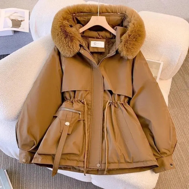 Parka mi-longue à capuche en fausse fourrure avec cordon de serrage, vestes doudounes épaisses et chaudes pour femme, manteau d'hiver doublé polaire pour femme