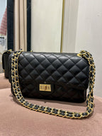 Grand Sac à Main Matelassé en Cuir Véritable avec Fermoir Tournant et Anse Chaîne (8 Couleurs)