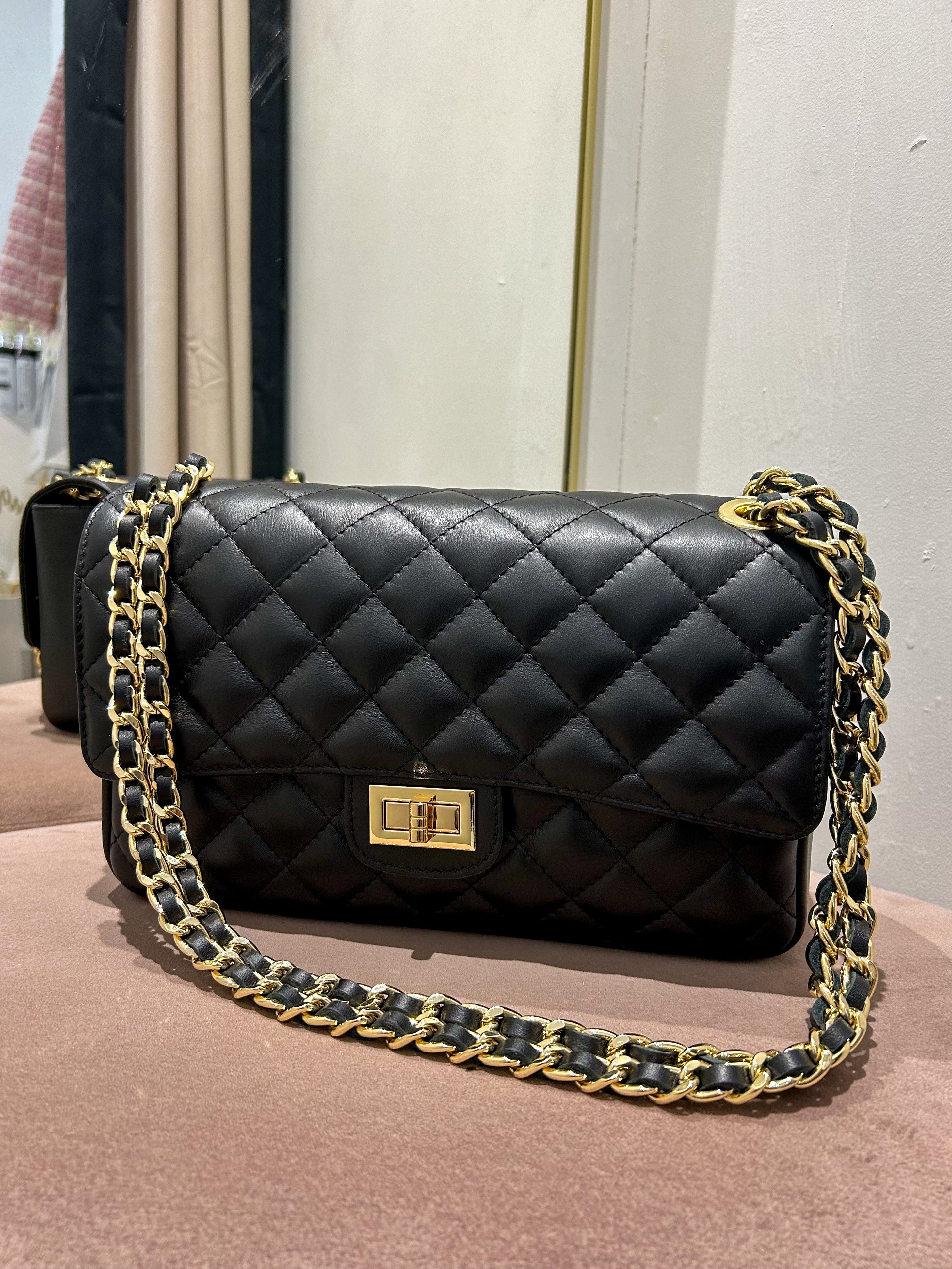 Grand Sac à Main Matelassé en Cuir Véritable avec Fermoir Tournant et Anse Chaîne (8 Couleurs)