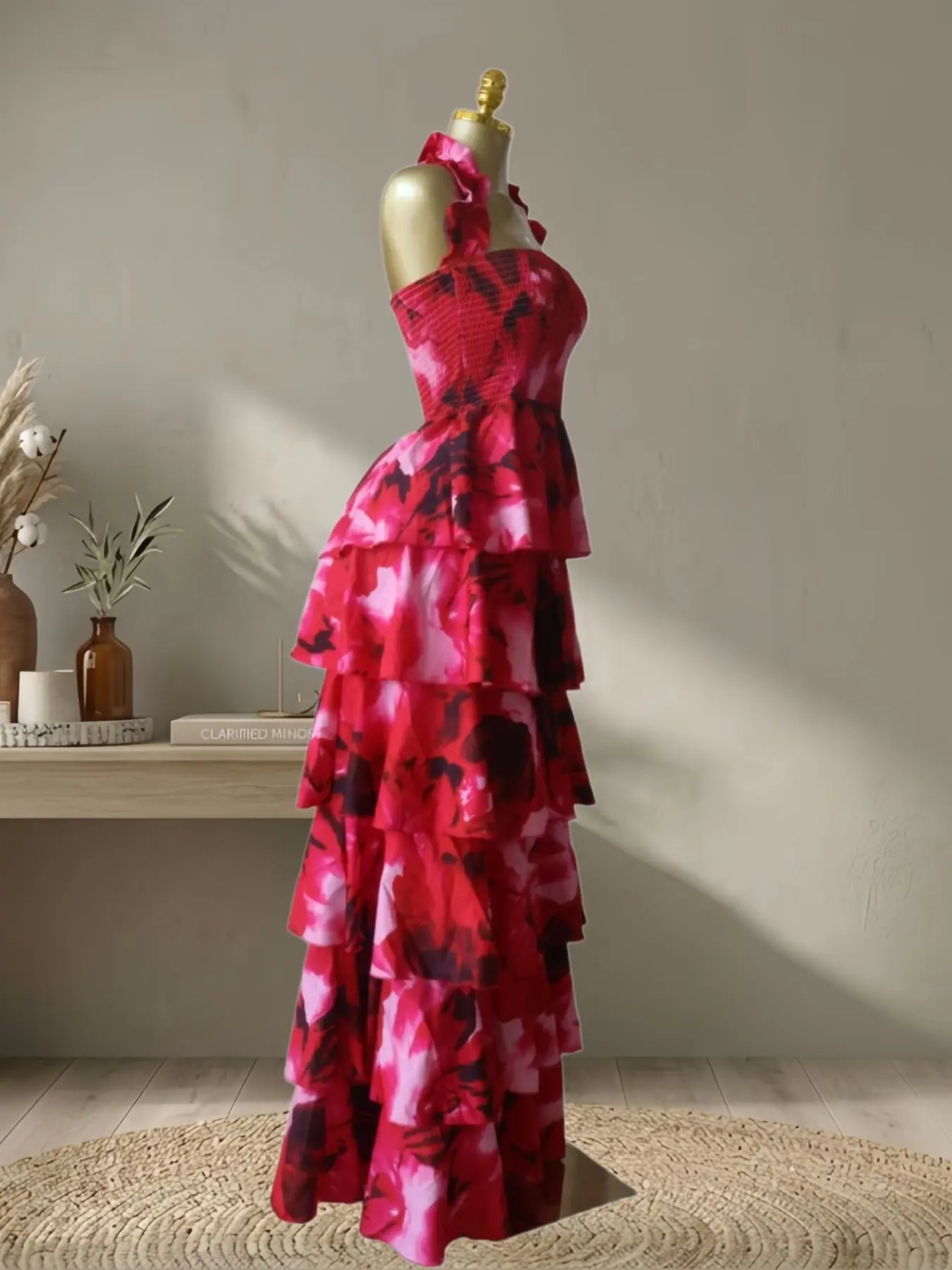 Women's Floral Print Layered Ruffle Midi Maxi Dress