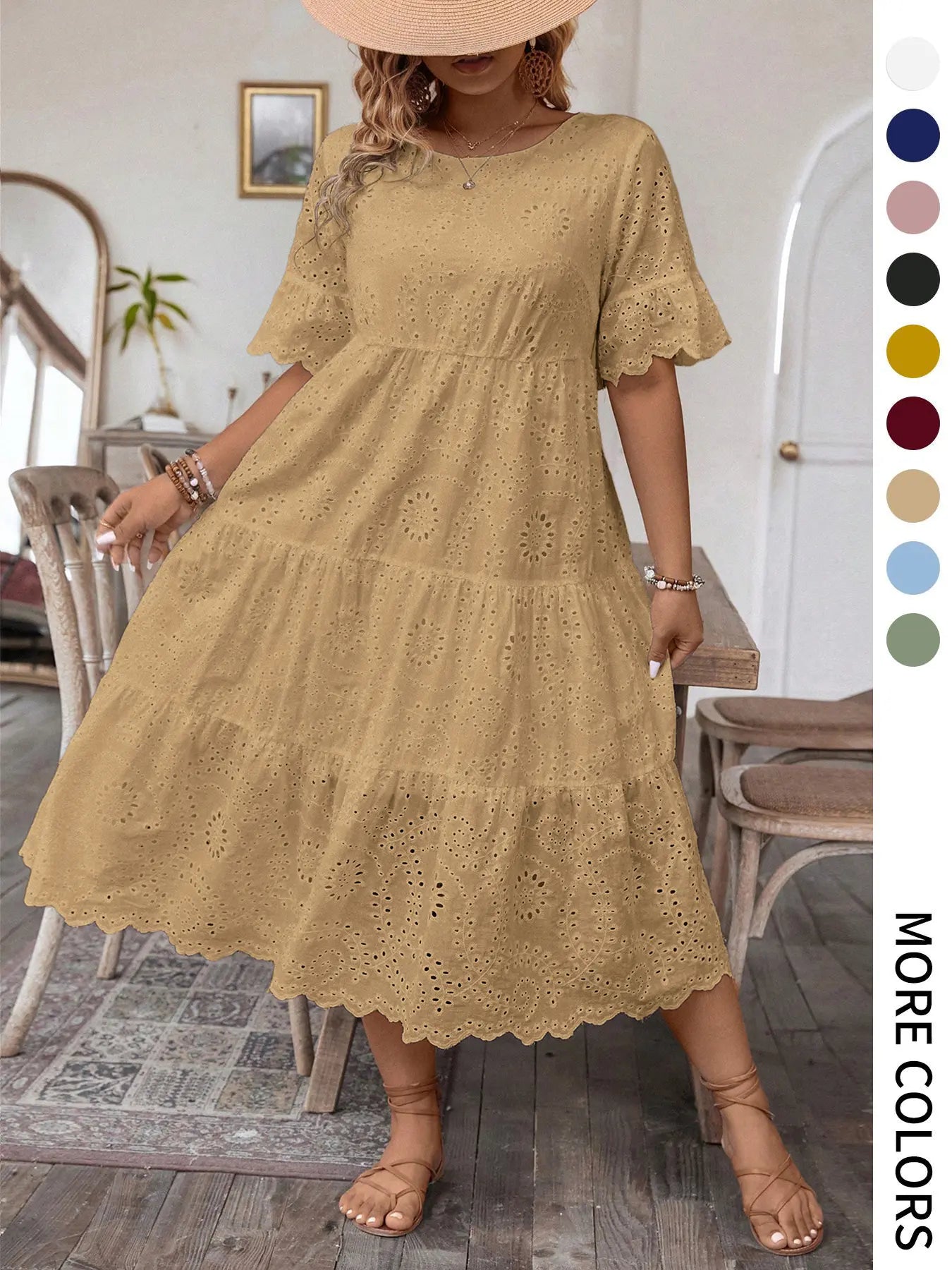 【Grande Taille】 Robe Unie Broderie Anglaise, Robe Bohème à Col Rond pour Vacances et Usage Quotidien – Vêtements d'Été pour Femmes