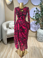 Elegant Women's Striped Pleated Long Sleeve Bodycon Maxi Prom Dress