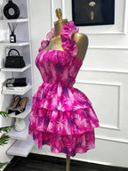 Women's Floral Print Backless Strapless Layered Ruffle Mini Dress