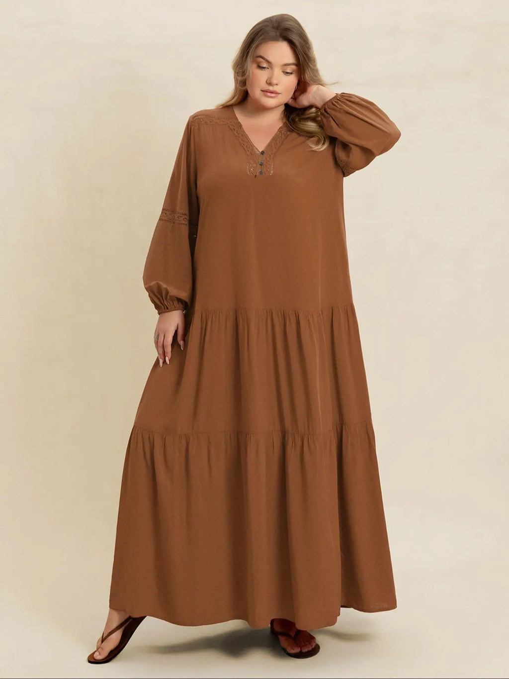【Grande taille】 Robe longue unie à col en V et manches longues, Robe bohème modeste pour le quotidien, les vacances et les voyages, Vêtements grande taille pour femmes toutes saisons