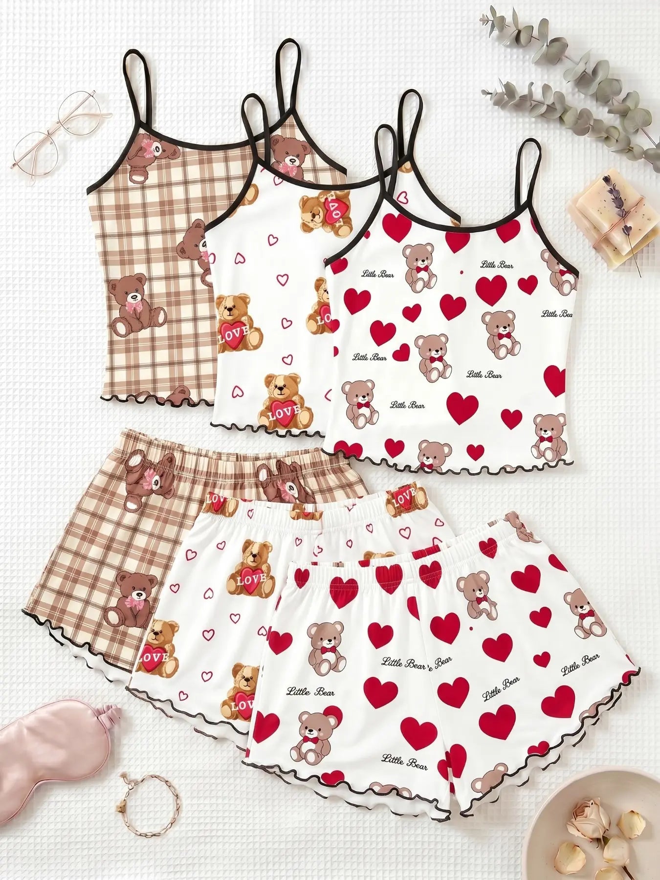 3-Piece Combo,Cherry Print Halter Short Pajamas Set
