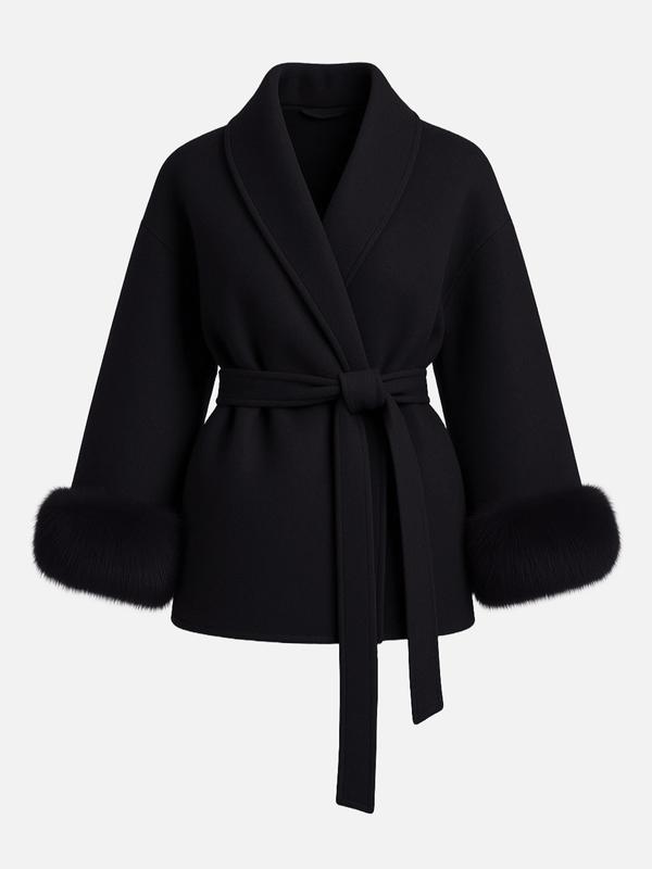 Manteau croisé thermique élégant pour femme, couleur unie, avec ceinture et manches longues en peluche