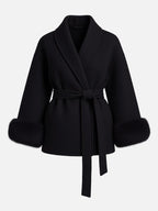 Manteau croisé thermique élégant pour femme, couleur unie, avec ceinture et manches longues en peluche
