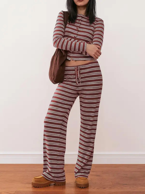 Ensemble top manches longues rayé colorblock décontracté et pantalon coupe ample pour femme, parfait pour les vacances, les trajets quotidiens, le quotidien.