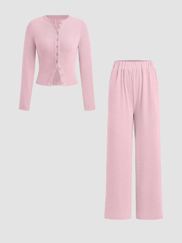 Ensemble deux pièces décontracté femme, haut à manches longues et col rond coupe slim et pantalon, motif uni, tissu modéré, automne-hiver