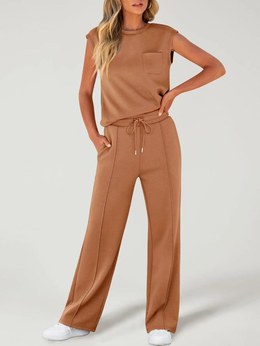 Completo da Donna due pezzi con Canotta Tinta Unita e Pantaloni con Coulisse in vita, Top Casual Senza Maniche con Scollo Rotondo e Pantaloni per l'Uso Quotidiano, Completi da Donna due pezzi per Tutte le Stagioni