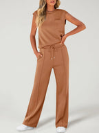 Completo da Donna due pezzi con Canotta Tinta Unita e Pantaloni con Coulisse in vita, Top Casual Senza Maniche con Scollo Rotondo e Pantaloni per l'Uso Quotidiano, Completi da Donna due pezzi per Tutte le Stagioni