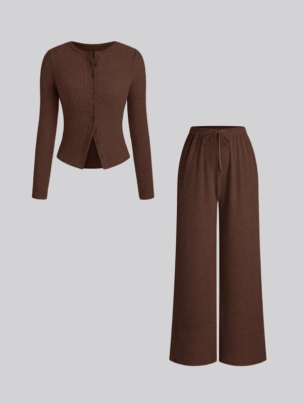 Ensemble deux pièces décontracté femme, haut à manches longues et col rond coupe slim et pantalon, motif uni, tissu modéré, automne-hiver
