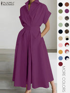 Robe unie à col pour femme, robe décontractée à manches courtes pour l'été, vêtements pour femmes pour le quotidien