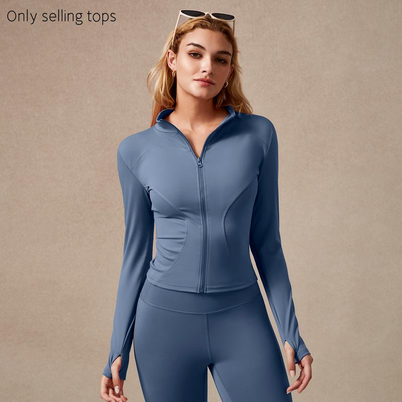 Giacca sportiva da donna con zip intera, maniche lunghe, vestibilità aderente, tessuto elasticizzato ad asciugatura rapida con fori per i pollici per corsa, yoga, palestra, allenamento, abbigliamento sportivo