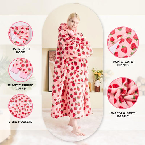 Coperta Indossabile con Cappuccio Oversize in Pile Sherpa, Felpa con Cappuccio con Maniche, Coperta con Cappuccio Accogliente e Gigante Extra Lunga per Adulti Donna Regalo Invernale (Fragola)