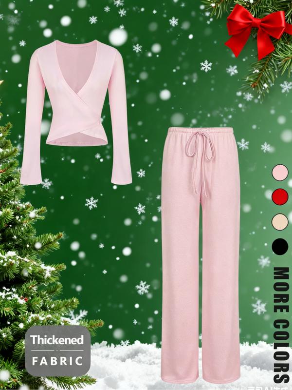 Completo a Maniche Lunghe con Top a V e Pantaloni, Sexy, per le Feste di Natale, Vestibilità Aderente, Tinta Unita, Stile Primavera & Autunno