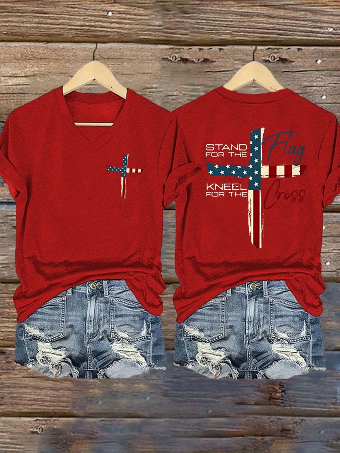 T-Shirt Casual da Donna Stampa "Stand For The Flag Kneel For The Cross"