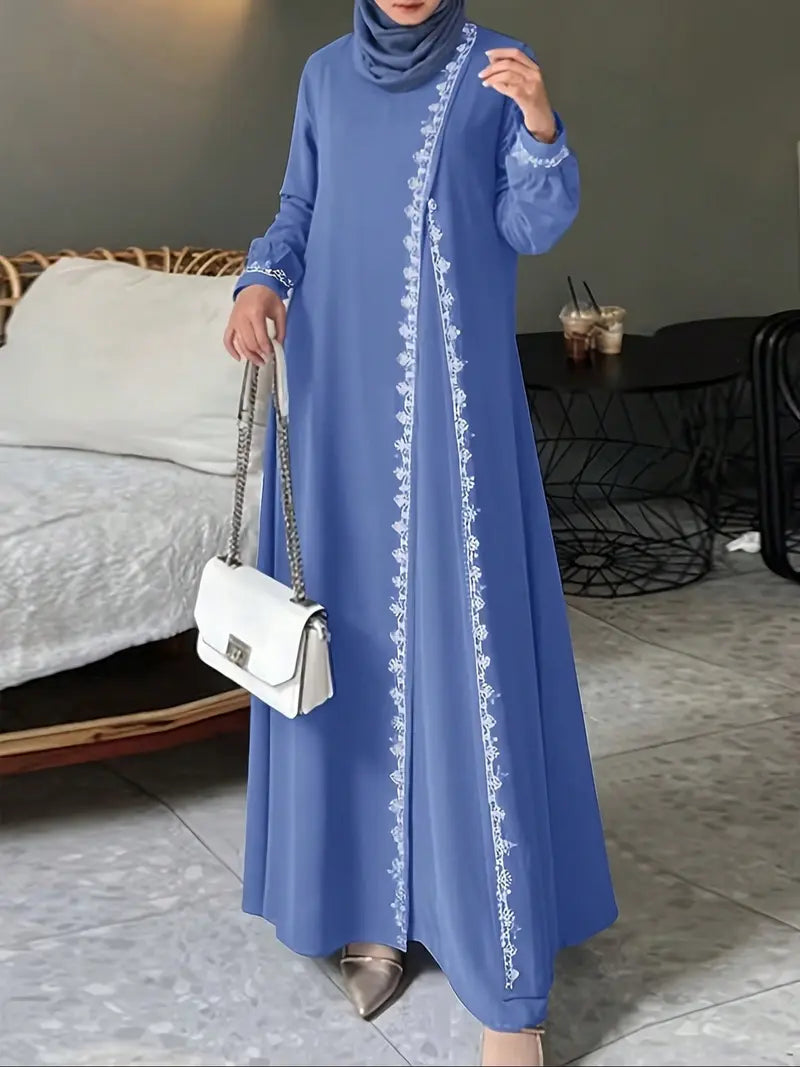 Abito da donna a maniche lunghe, girocollo, tinta unita, casual, stile vestaglia elegante con bordo in pizzo, perfetto per l'uso quotidiano e le occasioni speciali