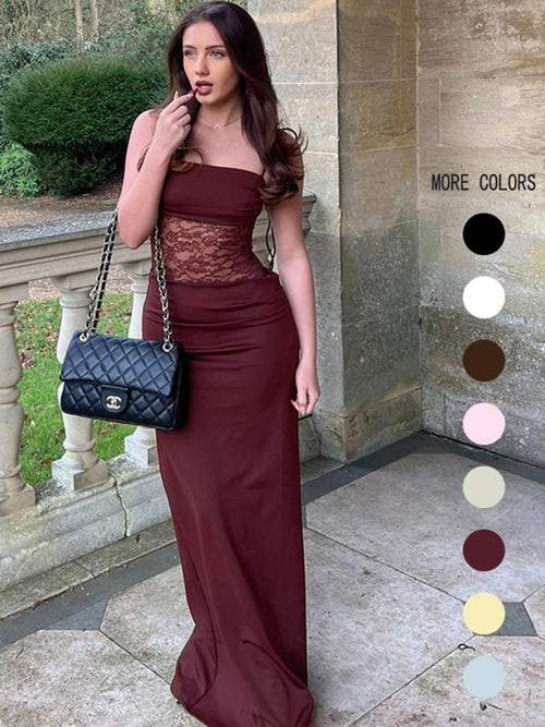 Robe camisole patchwork floral en dentelle à nouer dans le dos pour femmes, robe longue élégante pour les soirées, les clubs, les rendez-vous galants, robe d'été pour femmes
