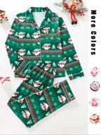 Ensemble deux pièces de pyjama pour femme, imprimé de Noël, avec chemise boutonnée à poche et pantalon à taille élastique, pyjama décontracté et confortable avec haut à manches longues et col, ensemble de pyjama pour femme, pour le printemps et l'automne