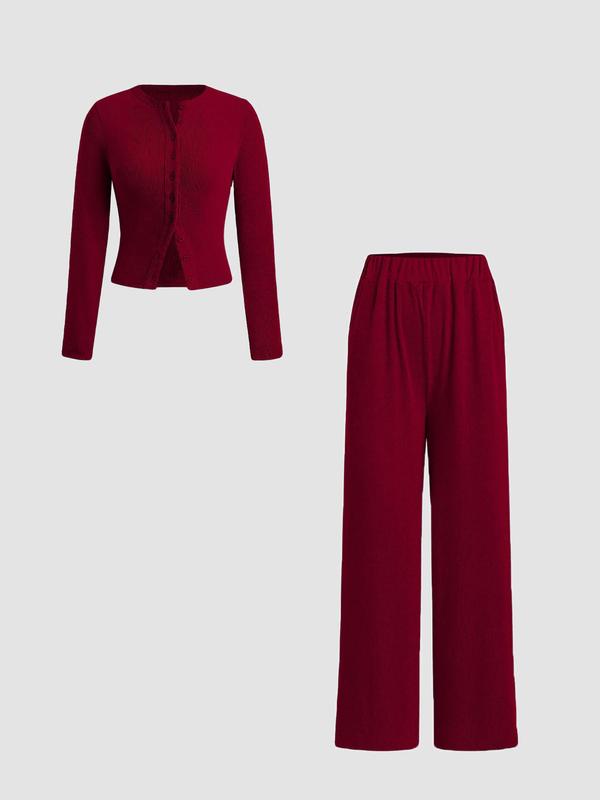 Ensemble deux pièces décontracté femme, haut à manches longues et col rond coupe slim et pantalon, motif uni, tissu modéré, automne-hiver