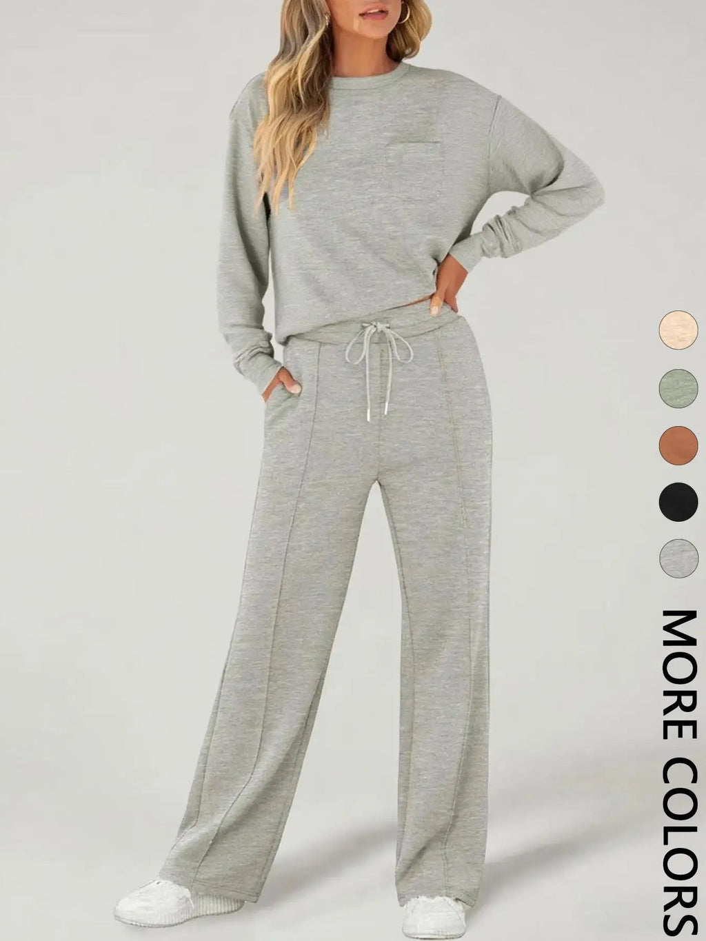 Set sportivo casual da donna 2 pezzi manica lunga con tasche, elegante completo atletico a gamba larga per tutte le stagioni, moda comoda e aderente